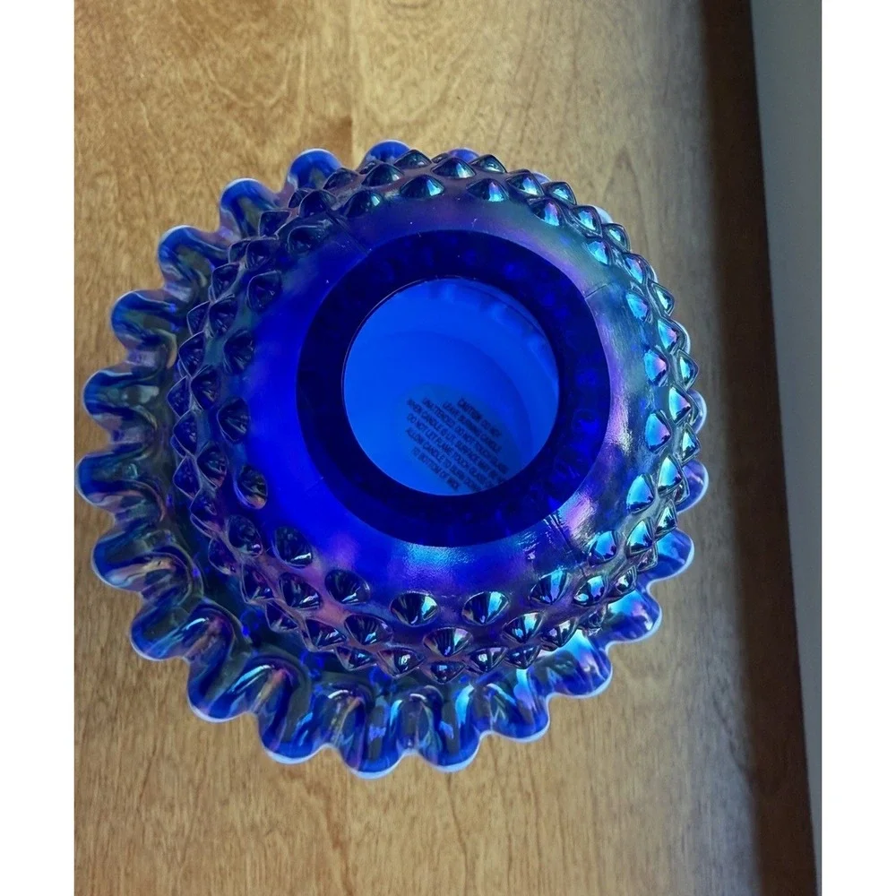 Fenton Blue Carnival Glass Hobnail Snow Crest 3 Piece Pedestal Fairy Lamp-9